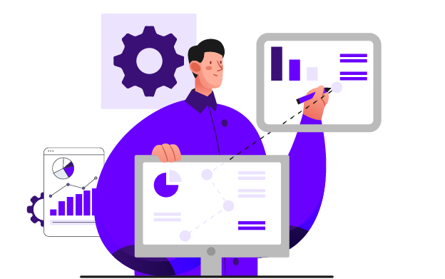 Illustration of a person presenting charts and settings on screens