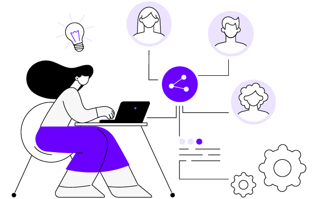 Illustration of a person working on a laptop connected to colleagues, ideas and settings